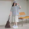 Camiseta de Manga Corta con Rayas Contrastantes Dulces para Niñas 2026 Verano Nuevo Conjunto de Tops Casuales Holgados de Dos Piezas