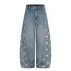 Jeans Scimitar Lavados con Estampado de Estrella de Cinco Puntas Estilo Callejero Americano Decoración de Remaches Pantalones Anchos Sueltos para Hombre Pantalones Largos