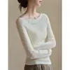 Elegante top de punto crochet hueco de manga larga de un hombro estilo francés para mujer, otoño, corte ajustado, capa base chic y hermosa