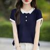 Lyocell Tencel Gola Boneca Tricotada Manga Curta Feminina 24 Verão Roupa Fina Lapela Pequena Manga Voadora Cor Contrastante Camiseta Tricotada
