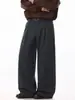 Calça Casual de Lã Sintética Pesada com Textura para Homens, Estilo Outono e Inverno, Caimento Fluido com Listras Verticais, Calça Social Plissada de Caimento Solto