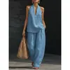 Conjunto de Top Elegante Estilo Francés de Tirantes en el Cuello con Escote en V y Espalda Descubierta, y Pantalones Amplios Frescos, Cómodos y Adelgazantes, Colección Primavera/Verano 2026