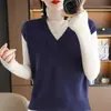 Colete de malha feminino elegante, gola V, cor sólida, sem mangas, empilhado, folgado, casual, novo para primavera e verão, algodão