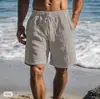 2025 nuevos pantalones cortos de algodón y lino con cordón cintura elástica pierna recta color liso transpirables diarios playa cinco pantalones casuales