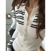 Suéter Listrado Colorido Contrastante Chique Manga Longa Feminino Outono Estilo Francês para o Trabalho Gola Polo com Botões Top Justo para Usar por Baixo