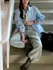 Camisa Azul para Mujer, Nuevo Estilo de Primavera, Estilo Coreano Casual de Algodón Puro Holgada Estilo Perezoso Chaqueta, Camisa de Manga Larga
