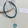 Collar de Corazón Azul Dopamina de Lujo Ligero con Cuentas para Mujer Moda Exquisito Diseño de Nicho Cadena Doble para Clavícula