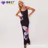 Vestido de Tirantes Finos sin Espalda Sexy con Estampado Floral Europeo y Americano Transfronterizo, Estilo Maduro Fiesta Casual Exquisito Vestido Largo