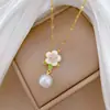 [Acero de Titanio] Aceite de Perla Flor Gota Estilo Palacio Hermoso Collar Completamente Incrustado de Diamantes para Mujer Cadena de Clavícula Más Fácil de Combinar Cadena de Acero de Titanio