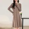 100% Lana Pura Tejida Camisa Base para Mujer Cuello Alto Falso Suéter Largo Vestido Holgado Versátil Falda Larga Delgado y Suave