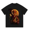Camiseta de Manga Corta con Estampado Directo de Tinta Negra Oscura y Blanca Anime Marca Trendy Americana Cuello Redondo Manga Corta Lavado Pesado para Hombre Transfronteriza