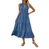 Amazon Verão Novo Estilo Simples Europeu e Americano Saia Midi Botão Transfronteiriço Cor Pura Decote V Sem Mangas Vestido Roupas Femininas