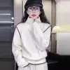Suéter Pulôver Cinza Gola Alta Meio Zíper Estilo Academia Japonesa Transfronteiriço Feminino Outono Inverno Espessado Preguiçoso Solto Tricô