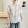 2548 Camisa bordada artística de manga corta estilo coreano para mujer, 2026 nueva blusa casual ajustada primavera-verano