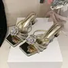 Novedad Verano 2026 Sandalias Romanas de Tacón Grueso para Mujer Moda Flor de Pedrería de Una Correa Sandalias de Tacón Alto