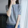 Camiseta de malha 100% algodão puro de manga curta para mulheres, gola redonda, top casual de crochê com blocos de cor vazados, camisa base de manga meia-manga com caimento solto