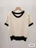 Top de punto a rayas de manga corta estilo coreano para mujer, Nuevo modelo de verano 2026, Cuello redondo con bordes en contraste, Corte holgado, Top versátil y elegante