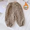 Otoño e Invierno 2024 Niños y Niñas Corea del Sur Pana con Forro de Felpa Pantalones Casuales Estampado de Leopardo Ropa Exterior Floral Pantalones Harlan