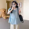 Conjunto de Maternidad 2026 Verano Nuevo Estilo Francés Dulce Cuello Redondo Manga Corta Camisa Babydoll y Pantalones de Pierna Recta para un Aspecto Adelgazante durante el Embarazo