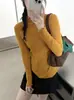 26 Nuevo Estilo de Otoño Top, Estilo Coreano, Color Sólido, Cuello Semi Alto, Suéter de Punto con Mangas Largas Fruncidas, Camiseta Básica para Commuting para Mujer