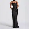 Vestido de Moda Femenina Europeo y Americano 2025 Sexy Ajustado Cruzado Nuevo Estilo Ceñidor de Cintura Espalda Descubierta Sin Mangas Sin Tirantes Color Sólido con Lazos
