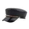 Chapéu Feminino Estilo Coreano Couro PU Puro Corrente de Metal Botão Marinho Outono e Inverno À Prova de Vento Quente Chapéu Masculino de Aba Reta Topo Plano
