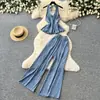 Conjunto de Dos Piezas para Mujer con Top sin Mangas Estilo Resort con Cuello Halter y Lazos y Pantalones de Pierna Ancha de Cintura Alta, Atuendo Elegante de Verano Ajustado