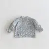 Camiseta Ins para Niñas Japonesas y Coreanas con Cuello de Encaje Primavera y Otoño Niños Manga Abullonada Algodón Arrugado Top Básico Simple Versátil para Niños