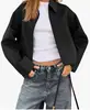 Casaco Curto Feminino com Gola Lapela, Jaqueta Bomber Casual Curta com Zíper e Bolsos, Casaco de Outono
