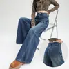 Calça feminina preta de alta qualidade com barra curva, modelagem solta, jeans largo estilo high street europeu, novidade primavera-verão 2026 para mulheres