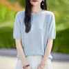 Nuevo estilo de primavera y verano para mujer, top de punto de cuello redondo con mangas cortas, estampado floral, diseño calado, camiseta básica holgada, top camiseta, disponible para venta al por mayor