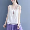 Camisola de Algodón y Lino Verano Nuevo Estilo Falso Dos Piezas Top para Mujer Holgado Elegante Ropa de Abrigo Camisola Otro Estilo Liso