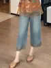 Pantalones vaqueros rectos de pierna ancha, holgados, de estilo chino bordado en azul, de cintura alta, adelgazantes y que favorecen la figura, para mujer A10514