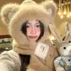 Bonito Sombrero de Oso para Mujer, Nuevo Estilo de Invierno, Felpa, Cortavientos, Engrosado, Cálido, Adelgazante de Rostro, Protector de Orejas, Gorro Bufanda