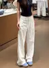 Calça Branca de Perna Larga para Mulheres 26 Fina Cintura Baixa Alongadora de Pernas Solta Casual Modeladora Reta de Algodão e Linho 20558