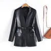 Jaqueta de Couro Haining para Mulheres, Comprimento Médio, Preta, Gola Alta, Cintura com Amarração, Jaqueta de Couro, Novo Estilo Outono e Inverno, Elegante Casaco de Couro