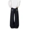 Calça jeans masculina azul escuro de perna larga com costura aparente, cintura alta, modelagem solta, com caimento, comprimento até o chão, lavagem vintage