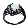 Anel Feminino Coração de Opala Fogo Branco com Opala Anel Ouro Negro Anel de Promessa de Noivado