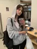 Moletom com capuz e zíper em tricô waffle estilo coreano cor verde limão, modelagem solta, casual, cardigã estilo preppy, blusa de outono feminina