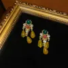 Estilo Occidental Chapado en Cobre Antiguo con Oro de 18 Quilates, Color Dorado Vintage con Adornos de Piedra Natural en Forma de Gota Amarilla, Estilo Araña con Borlas