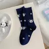 Calcetines de Dibujos Animados para Mujer, Nuevo Estilo Otoño, Calcetines de Media Caña con Cachorro Afelpado, Calcetines Coreanos sin Costuras con Bloques de Color, Estilo Universitario Azul Marino