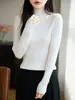 Suéter base versátil de estilo francés, cálido y grueso, para otoño e invierno, cuello semialto, top de punto negro sin costuras para mujer