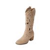 Botas Altas de Tacón Grueso con Punta Aguda Vintage para Mujer, Nuevo Modelo 2026, Botas Vaqueras Occidentales Bordadas Huecas, Botas de Montura a Media Pantorrilla