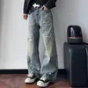 Jeans de Pierna Ancha Rasgados con Estampado de Leopardo de la Calle Principal Americana para Hombre, Holgados, Versátiles, con Borlas, Rectos, Largos, Productos en Stock Transfronterizos