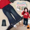 Calças Jeans Forradas com Fleece para Meninas para Outono e Inverno, Calças Flare Espessas Estilosas para Crianças, Calças Casuais Versáteis para Bebês