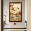 Pintura decorativa estilo vintage "Shishi Ruyi" para sala de estar com toque de luxo, Pintura de parede para fundo de sofá "Montanha Dourada Iluminada pelo Sol", Arte de parede feita sob medida