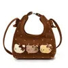 Bolsa infantil fofa, design de gato de desenho animado, mini bolsa de mão de bolinhas, bolsa tote de camurça retrô, bolsa transversal e porta-moedas pequeno