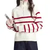 Otoño Invierno Transfronterizo Nuevo Estilo Media Cremallera Bloque de Color Raya Cuello Alto Tejido Suelto Jersey Sudadera Abrigo para Mujer