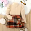 2024 Nuevo Otoño Transfronterizo Conjunto de Pantalones Cortos de Pierna Ancha con Lazo y Top de Manga Larga con Cuello Alto y Mangas Abullonadas para Niñas