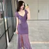 Vestido Sexy de Manga Corta con Cuello en V, Empalme de Moda de Gama Alta, Cintura de Malla, Abertura en la Pierna, Falda Larga de Corte Bajo para Pedicura